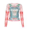 Summer Women Clothing Print round Neck Street Hipster Mesh Contrast Color Long Sleeves Top