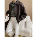 Modern Street Retro Faux Leather Collared Loose Slimming Leather Jacket Coat