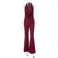 Women Clothing Autumn Solid Color Swing Collar Strap Halter Sexy Backless Slim Fit Jumpsuit Women