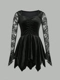 Gothic Vintage Lace Stitching Women Dress Gothic Bandage Ladies Long Sleeve Velvet Dress