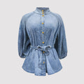 Lace up Waist Controlled Lantern Sleeve Nine Quarter Sleeve Retro Denim Shirt Women Top High Grade Stand Collar Young Show