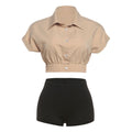 Summer Women Curling Short Sleeve Waist Controlled Cropped Shirt Solid Color Slim Shorts Set