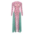 Autumn Retro Women Mesh round Neck Contrast Color Loose Waist Controlled Long Sleeves Printing Dress