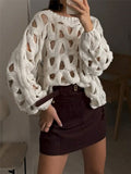 Women asual Solid Color Casual Vacation Beach Hollow Out Cutout-out Hook Floral Long Sleeve Sweater Pullover