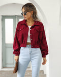 Autumn Winter Casual Collared Corduroy Jacket Lantern Sleeve Single-breasted Short Coat For Women