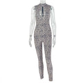 Niche Personality Women Printed Leopard Print Jumpsuit Hollow Out Cutout Slim Sheath Long Jumpsuit