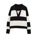 Women Fashion Black Striped Knit Sweater Spring Vintage Polo Neck Long Sleeve Female Pullovers Chic Tops