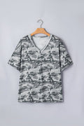 Green Retro Camouflage Print Raw Edge V Neck Tee