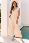 Textured Buttoned Wide Leg Sleeveless Jumpsuit