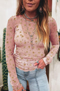 Pink Vintage Floral Print Southern Style Mesh Long Sleeve Top