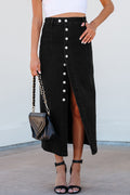 Emberlynn Button Fly Side Split High Waist Denim Midi Skirt