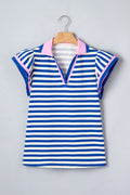 Blue Stripe Contrast Trim Polo Collar Ruffled Short Sleeve Blouse