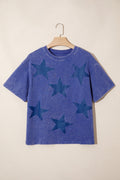 Blue Independence Day Star Printed Mineral Wash T Shirt