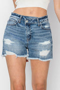 RISEN Stepped Waist Frayed Denim Women Shorts