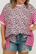Pink Leopard Striped Contrast Patchwork Plus Size Tee