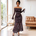Elegant Retro Off-the-shoulder Long Sleeve Mesh Leopard Print Dress