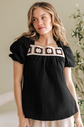 DAVINA CROCHET SQUARE NECK TEXTURED SHORT SLEEVE BLOUSE