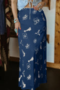 Navy Blue Western Print Satin Long Skirt