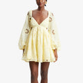 Sexy deep V-neck bubble sleeve solid color short skirt with hollowed out backless design dress for women