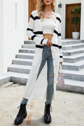 V-neck black and white striped knitted cardigan for women